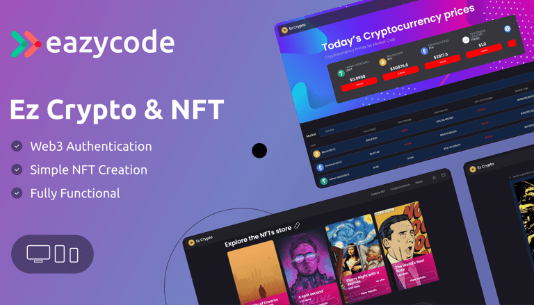 Screenshot demo of the Ez Crypto & NFT Market template.