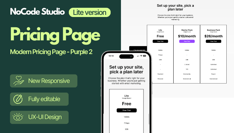 Modern Pricing Page - Purple 2 Template | Bubble