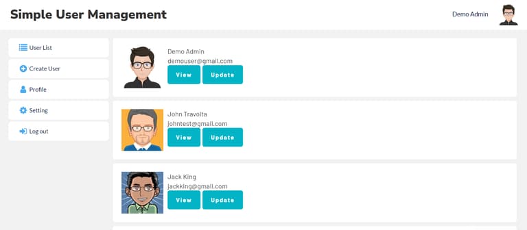 Screenshot demo of the Simple User Management template.