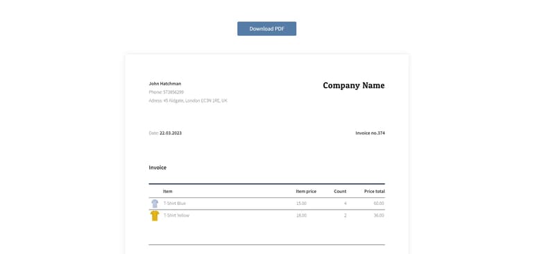 Screenshot demo of the Invoice Page & PDF Download template.