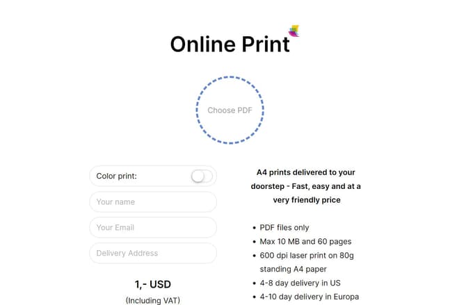 Screenshot demo of the International Print Service template.